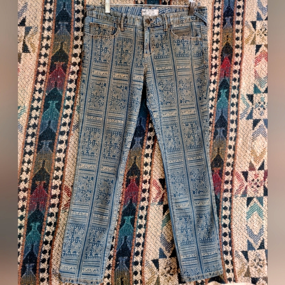 Free people tribal/ geetric patterned denim jeans.